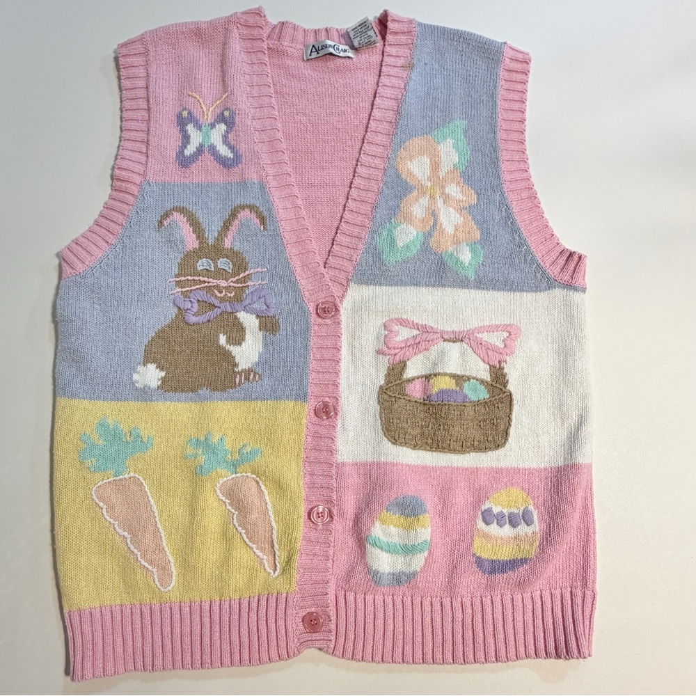 VINTAGE 90s Easter bunny knit sweater cardigan sleeveless vest spring pastel - Picture 6 of 13